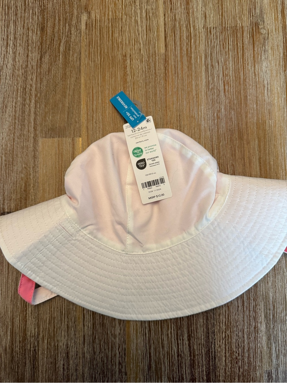 NWT Carter’s Reversible Sun Hat, size 12-24 months, white & pink